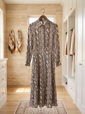 H&M Long Sleeve Snake Print Midi Dress in Beige and Gray